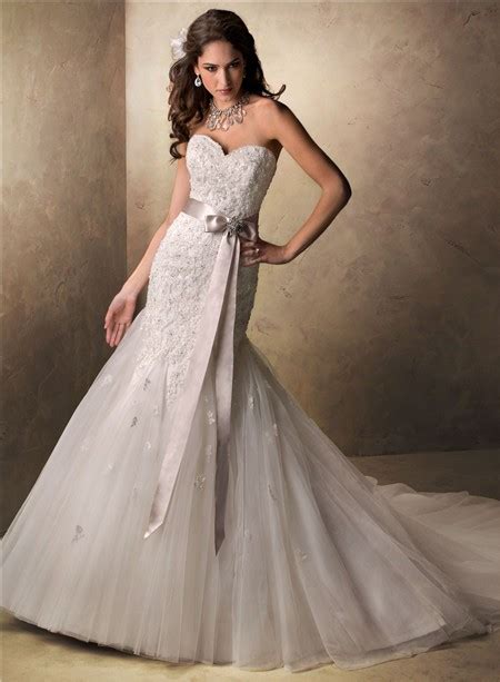Mermaid Sweetheart Beaded Lace Tulle Wedding Dress With Crystal Bow Sash
