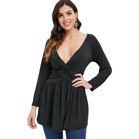 Buy Kenancy Women Plunge Neck Ruched Sexy Blouse Long