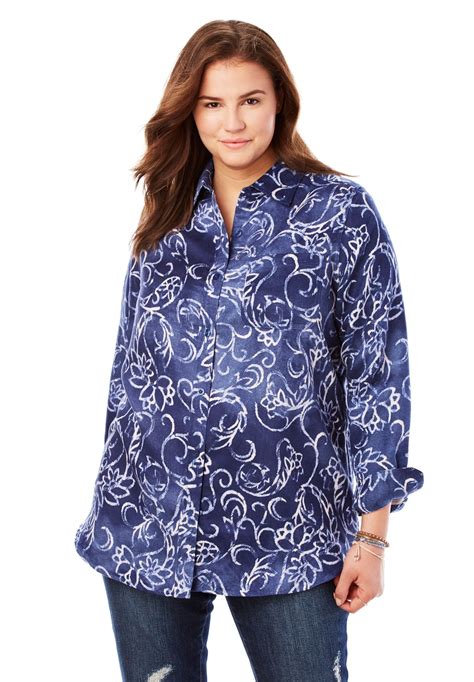 Woman Within Plus Size Soft Sueded Button Down Shirt Blouse