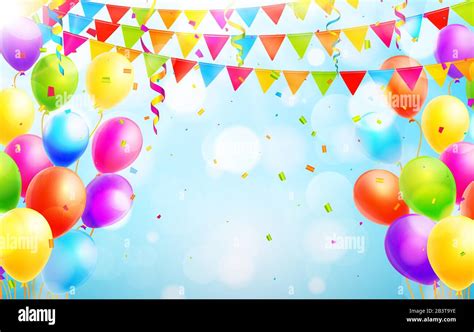 Colorful Balloons Confetti Streamers And Party Flags On Blue