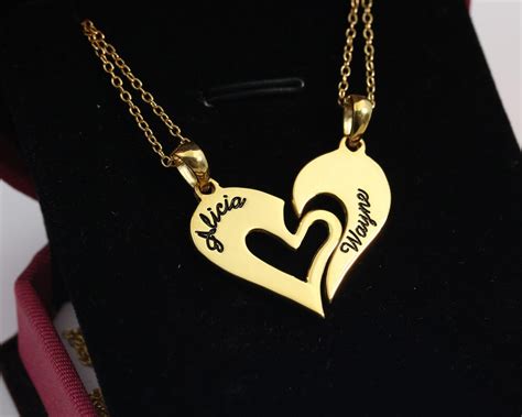 Gold Double Heart Necklace Custom Name Engraved Break Heart