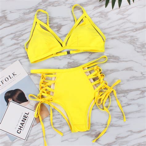 2019 Vintage Neon Yellow Bikini Set Sexy Swimsuit Women Swimwear High Waist Bathing Suit Push Up