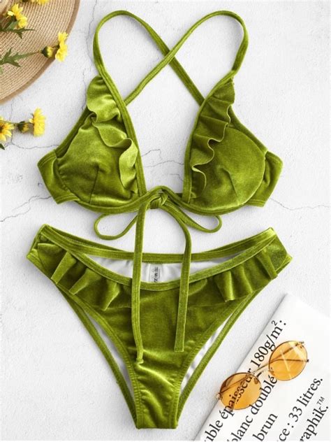 11 OFF 2019 ZAFUL Ruffle Underwire Velvet Bikini Set In FERN GREEN