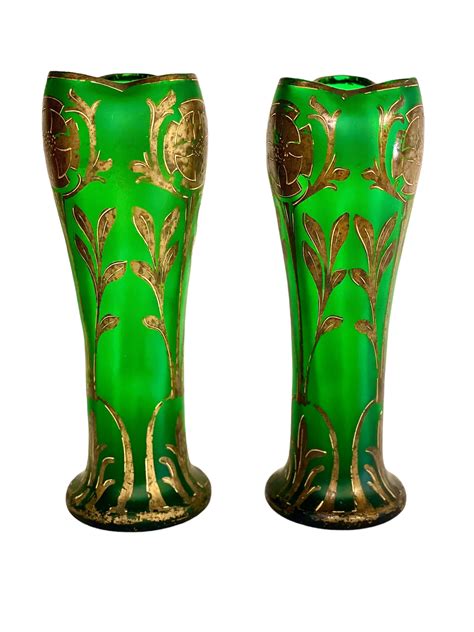 A Pair Of Art Nouveau Green Glass Vases Antiques From France