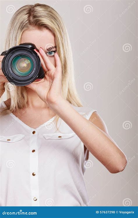 Beautiful Woman With Camera Stock Photo Image Of Lovely Freetime