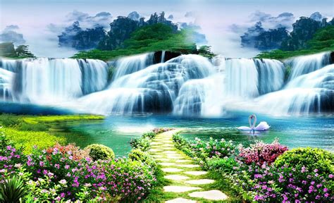 Flower Waterfall 3d Wallpaper Full Hd Nature Pictures Mural Wall