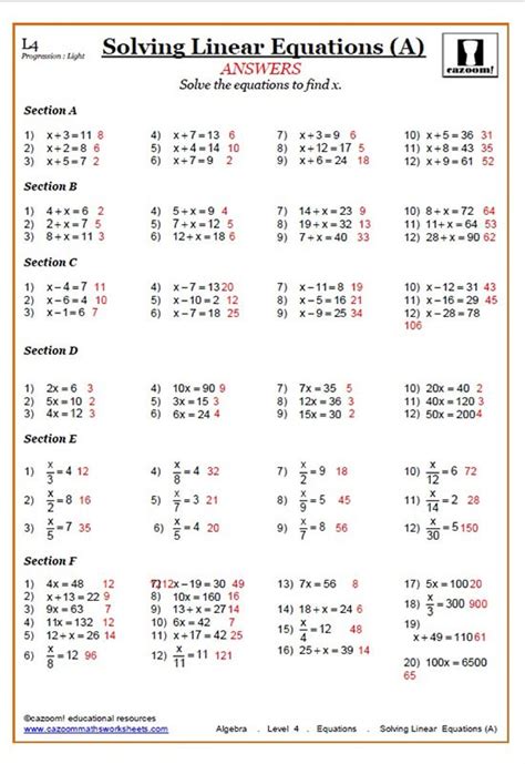 Solving Linear Equations Worksheet