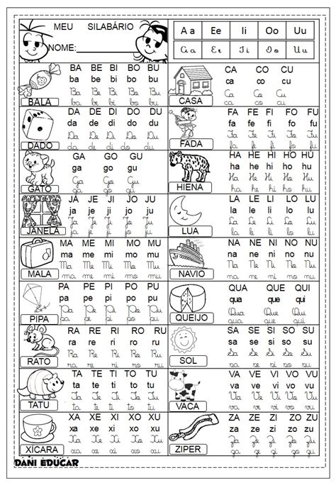 Tabela De SilabÁrio Ilustrado Com 4 Formas De Letras Dani Educar
