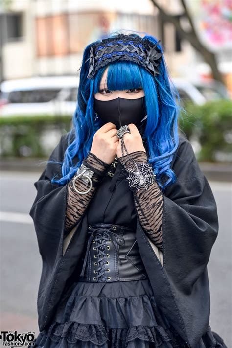 blue hair and gothic japanese kimono sleeve fashion with bodyline and qooza in harajuku tokyo fashion