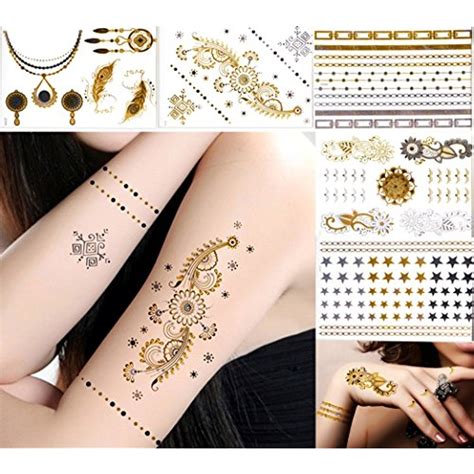 100 metallic temporary tattoos skin body art 5 sheets of gold silver makeup metallic tattoo