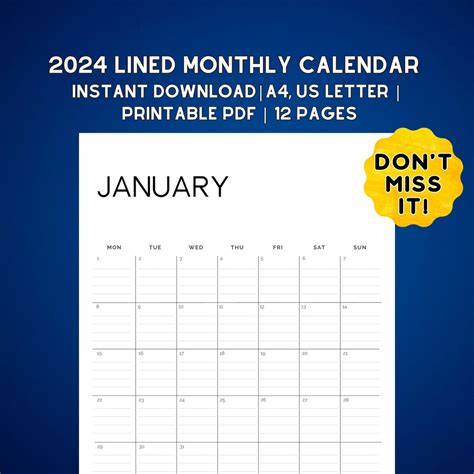 Printable Lined Monthly Calendar 2024 Lined Calendar Etsy