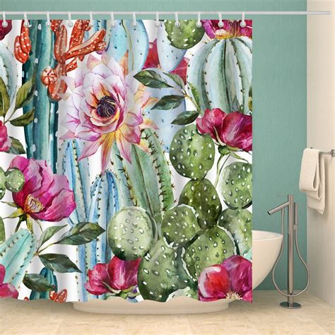 Boho Cactus Shower Curtain Set 4 Pcs Watercolor Succulent Seamless