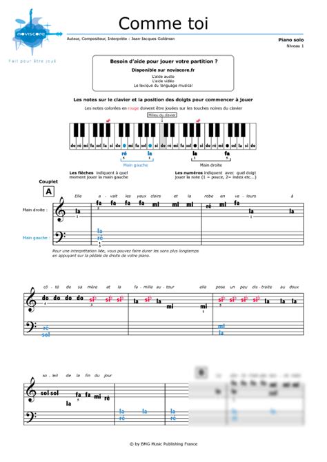 Piano Sheet Music Comme Toi Jean Jacques Goldman Noviscore Sheets