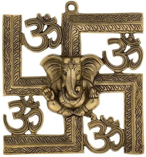 Nitya Hindu God Ganesha Swastika Om Symbol Brass Sculpture Wall Decor 8
