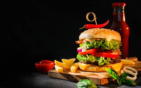 Photo Hamburger French Fries Ketchup Food Bottles 3840x2400