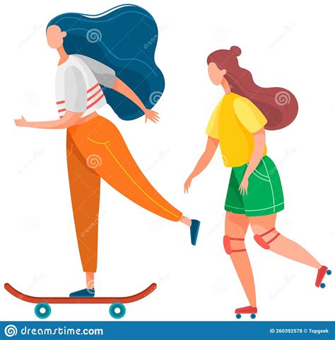 Girls Roller Skating Vector Illustration Isolated On White Background Continuous Line Drawing