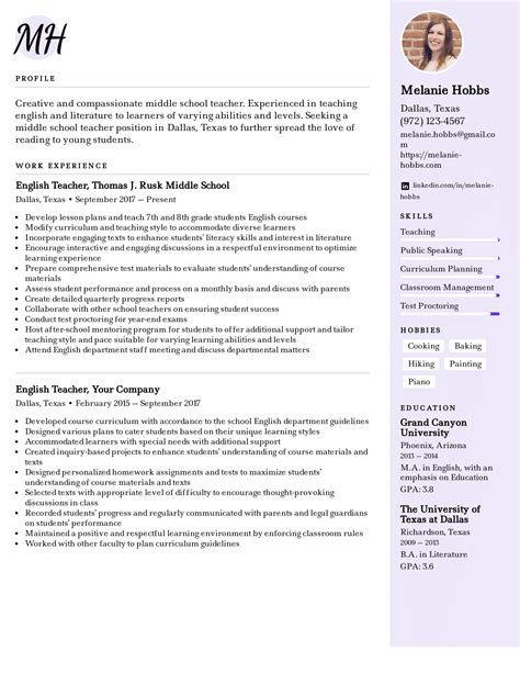Middle School Teacher Resume Example And Writing Tips For 2021