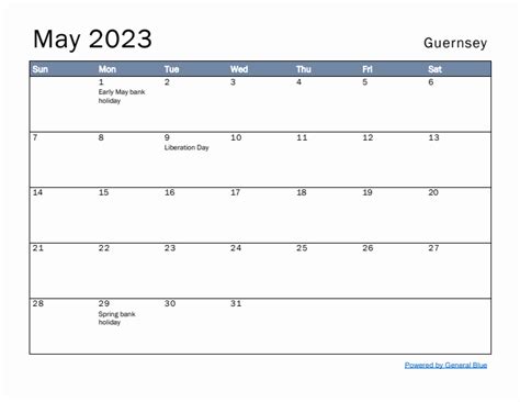 May 2023 Monthly Calendar With Guernsey Holidays