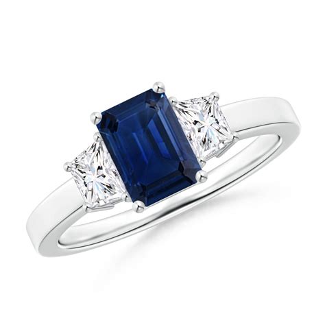 Emerald Cut Blue Sapphire And Diamond Three Stone Ring Angara