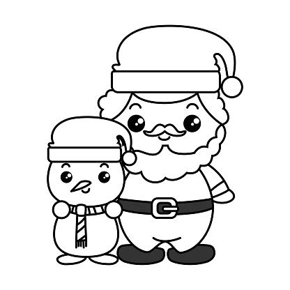 Cute Santa Claus With Snowman Kawaii Characters Stock Illustration