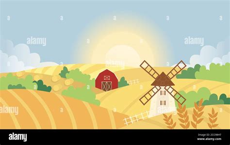 Autumn Farm Agricultural Landscape Vector Illustration Cartoon