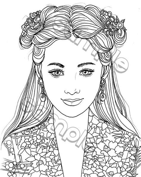 Pretty Smiling Girl Portrait Coloring Page By Maria J Etsy In 2020