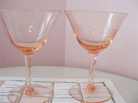 Pink Depression Glass Stemmed Wine Glasses Vintage Etched Etsy