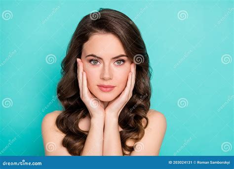 Closeup Photo Of Beautiful Tender Lady Curly Hairstyle Touch Cheekbones