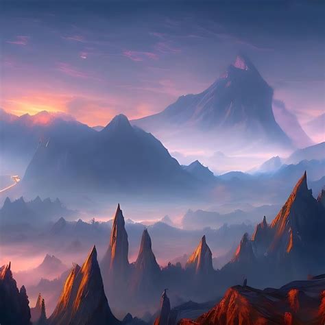 Premium Ai Image Sunset Mountain Landscape Concept Art