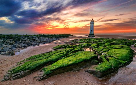 Sunset New Brighton Lighthouse In The United Kingdom Desktop Wallpaper
