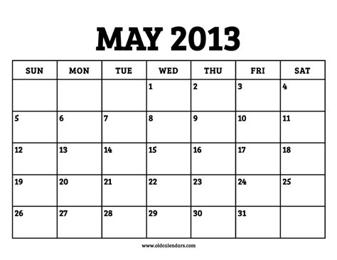 Calendar May 2013 Printable Old Calendars