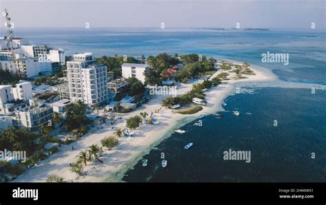 Aerial View To The Maafushi Kaafu Atoll Paradise Island With Blue Ocean Water And Paradise