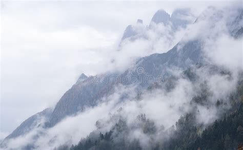 Mystic Cloudy And Foggy Autumn Alpine Mountain Slopes Scene Austrian