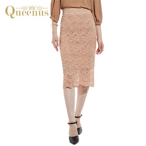 Queenus 2017 Women Lace Skirt Fashion Straight Hollow Lace Skirts