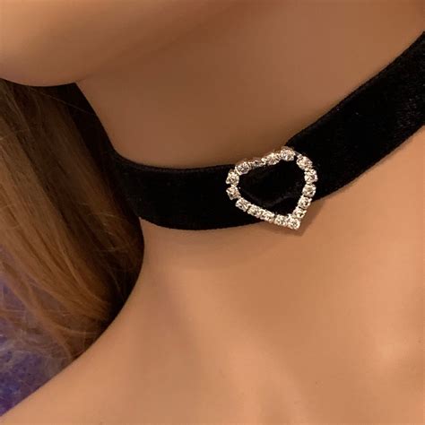Cm Black Velvet Choker Necklace With Diamante Heart Charm Uk Etsy
