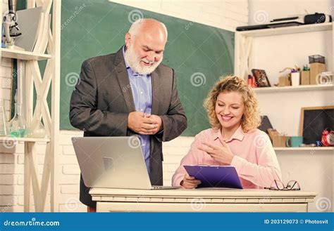Man Mature School Teacher And Girl With Laptop Difficult Tasks Final
