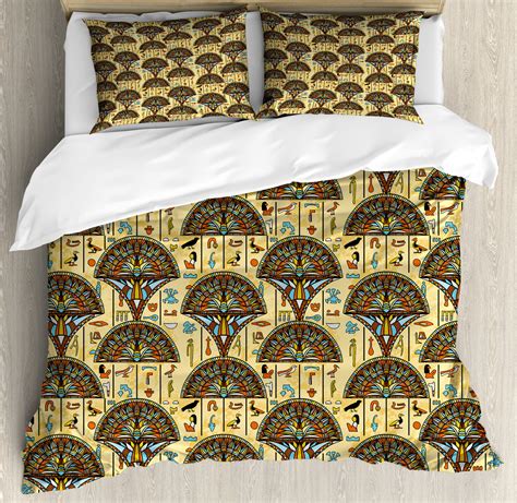 Egyptian Duvet Cover Set Colorful Folkloric Traditional Ornaments Archeology History Theme
