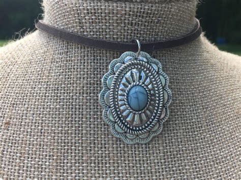 Necklace Leather Choker Boho Turquoise Silver Pendant