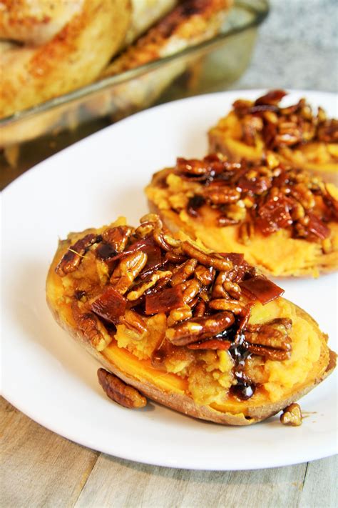 Twice Baked Sweet Potatoes topped with crunchy candied bacon and pecans