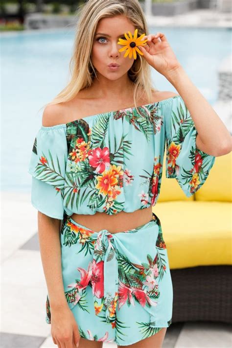 Trendy Tropical Print Two Piece Cute Two Piece Set Set 5400 Red Dress Boutique Party