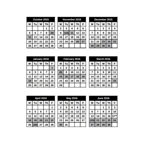 Blank School Year Calendar