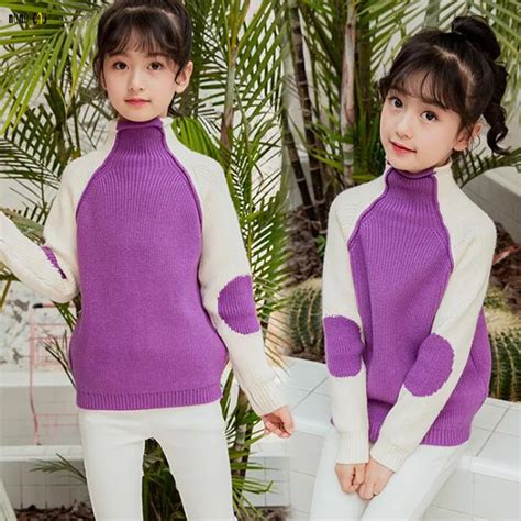 Turtleneck School Girls Sweater Knitted Spliced Casual Long Sleeve