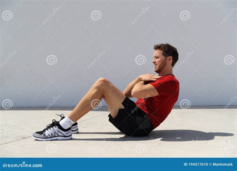 Fitness Man Doing Sit Ups Bodyweight Floor Exercises At Gym Sport