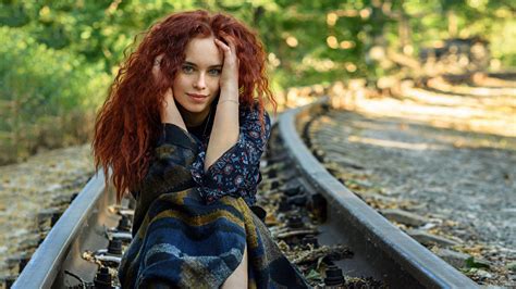 Redhead Girl Model Is Sitting On Railway Track Wearing Blue Dress Hd Girls Wallpapers Hd