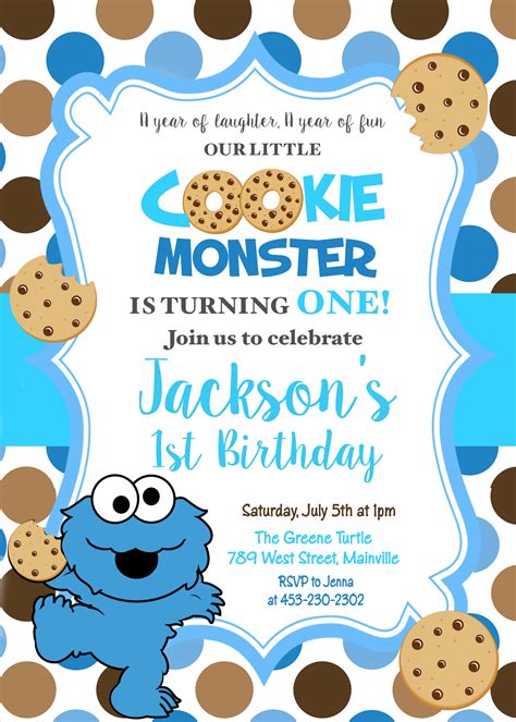 Cookie Monster First Birthday One Year Birthday Party Invitation