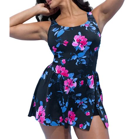 echoine large sizes women one piece swimsuit dress floral print padded strappy slim skirted