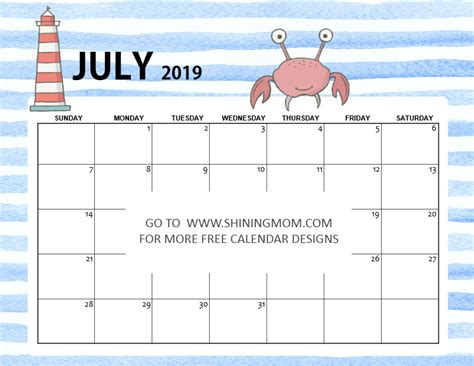 Free Printable July 2019 Calendar 15 Awesome Designs