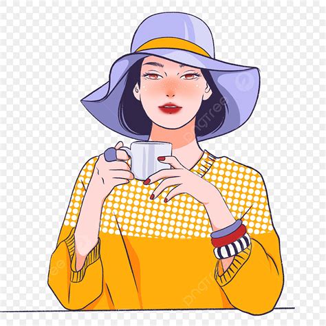 Drink Coffee Clipart Vector Hand Drawn Elegant Fashion Female Drinking
