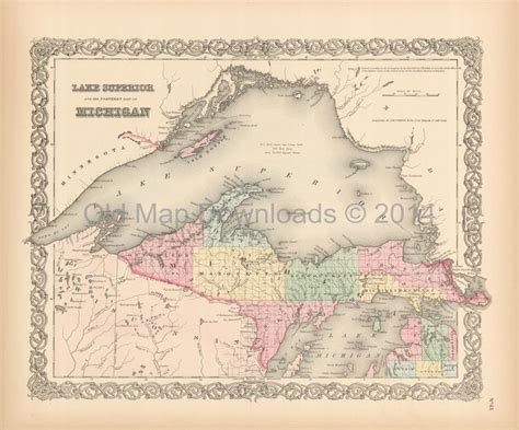 Lake Superior Up Michigan Old Map Colton 1855 Digital Image Scan