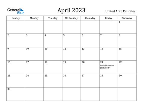 April 2023 Calendar With United Arab Emirates Holidays